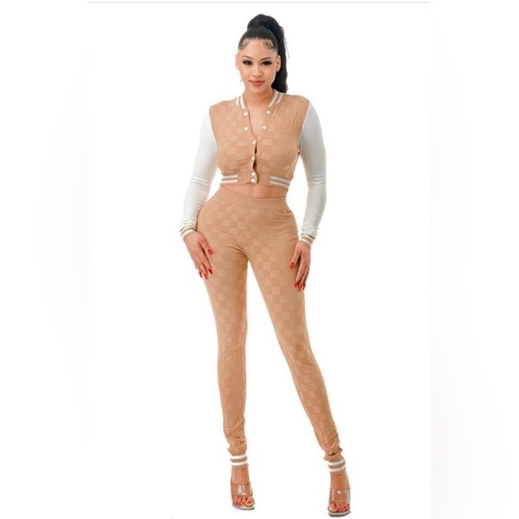 Khaki Two Piece Knit Varsity Stye Jacket Top High Waisted Knit Leggings Joggers - Picture 8 of 13